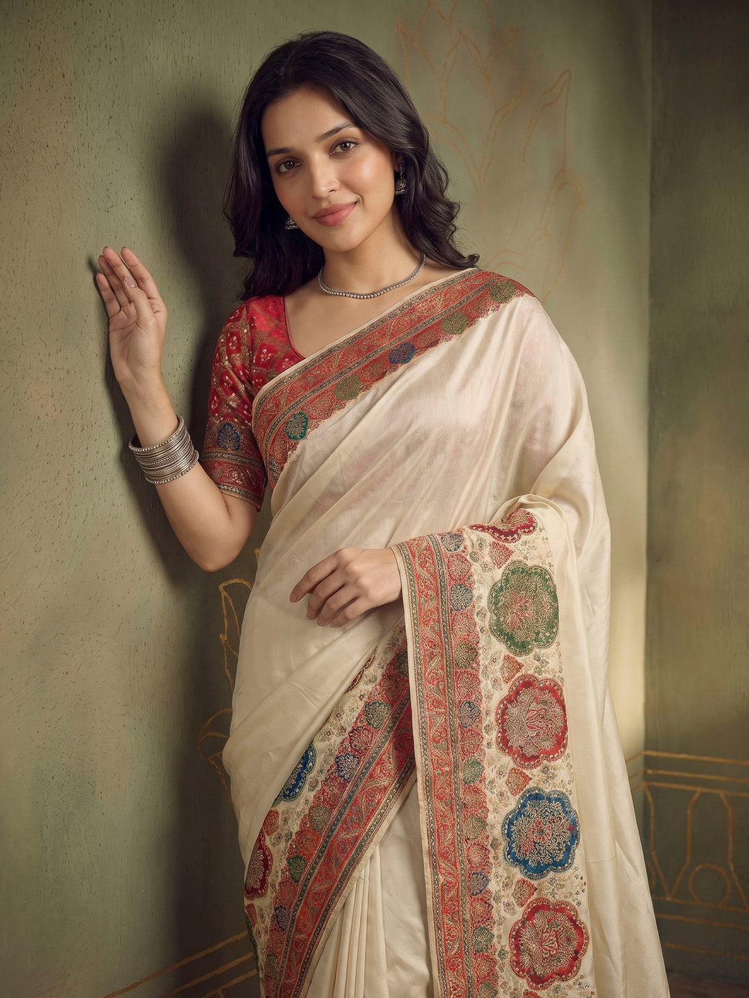 Beige Dola Silk Woven Saree