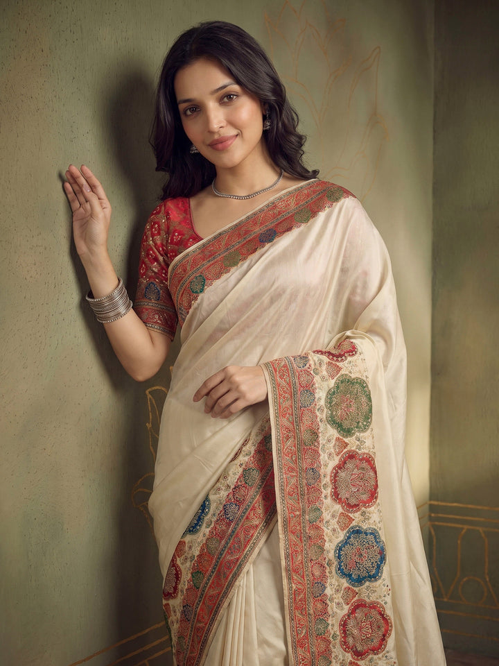 Beige Dola Silk Woven Saree