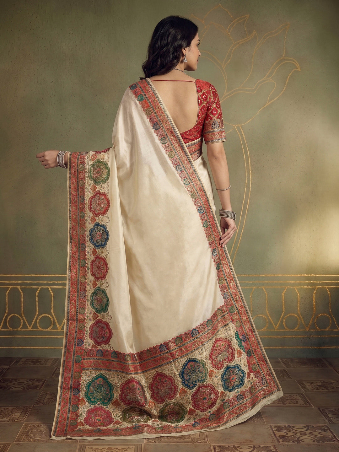 Beige Dola Silk Woven Saree