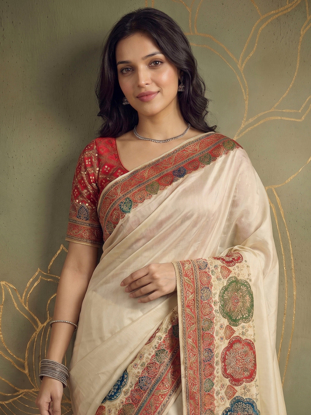 Beige Dola Silk Woven Saree
