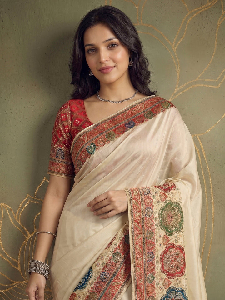 Beige Dola Silk Woven Saree