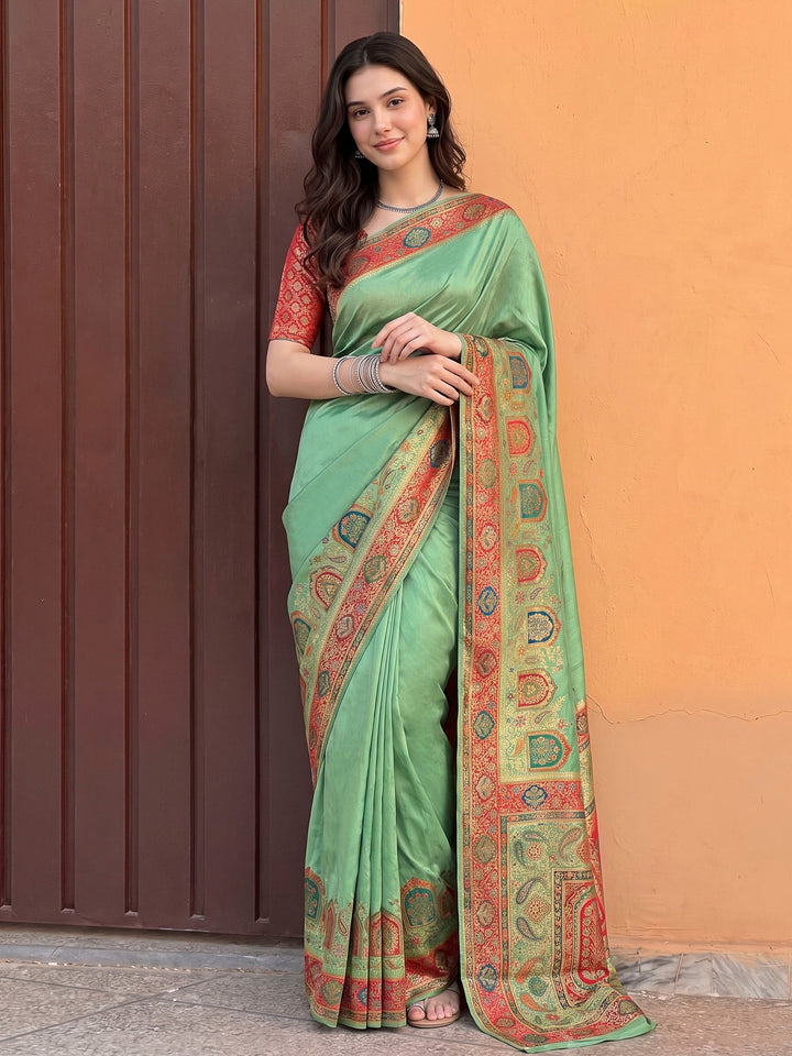 Pista Green Dola Silk Woven Saree