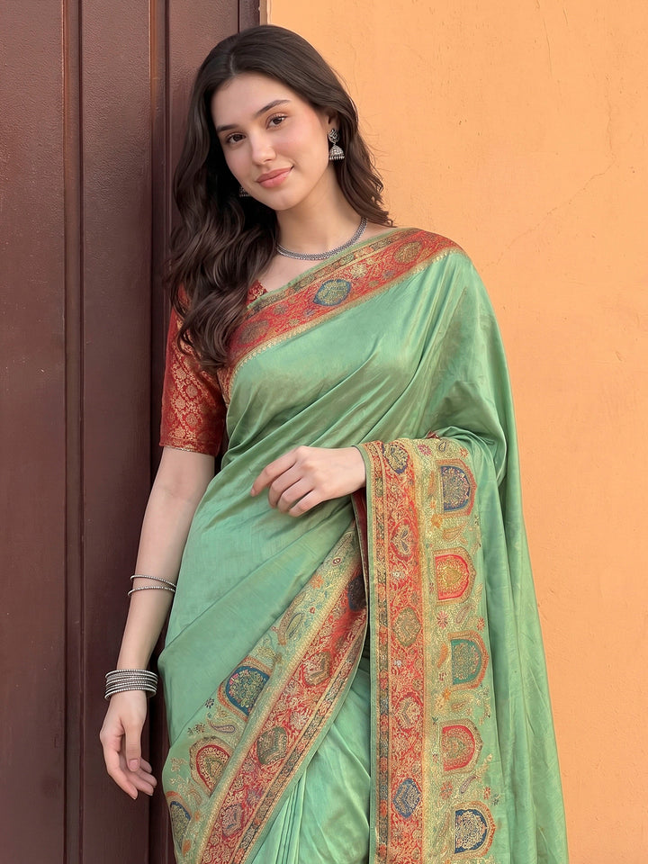 Pista Green Dola Silk Woven Saree
