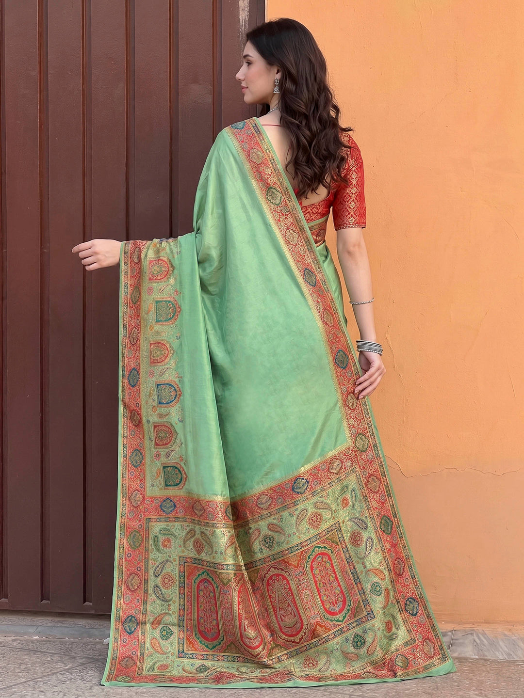 Pista Green Dola Silk Woven Saree