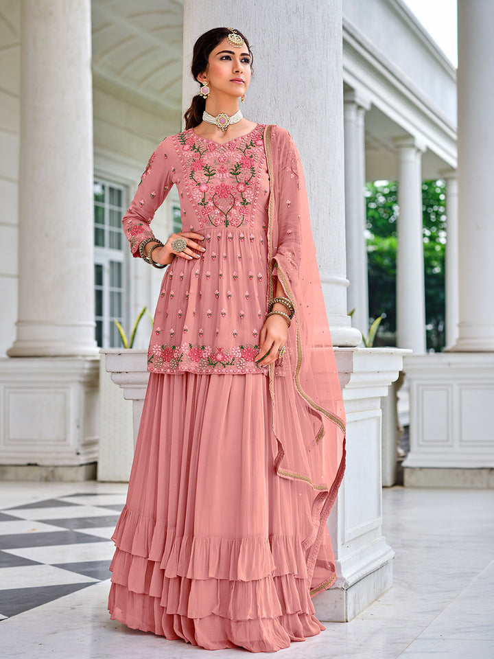 Mauve Georgette Embroidered Semi Stitched Anarkali With Sharara &amp; Dupatta