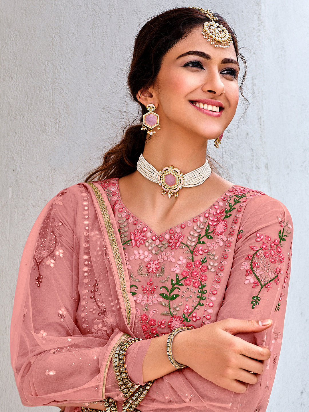 Mauve Georgette Embroidered Semi Stitched Anarkali With Sharara &amp; Dupatta