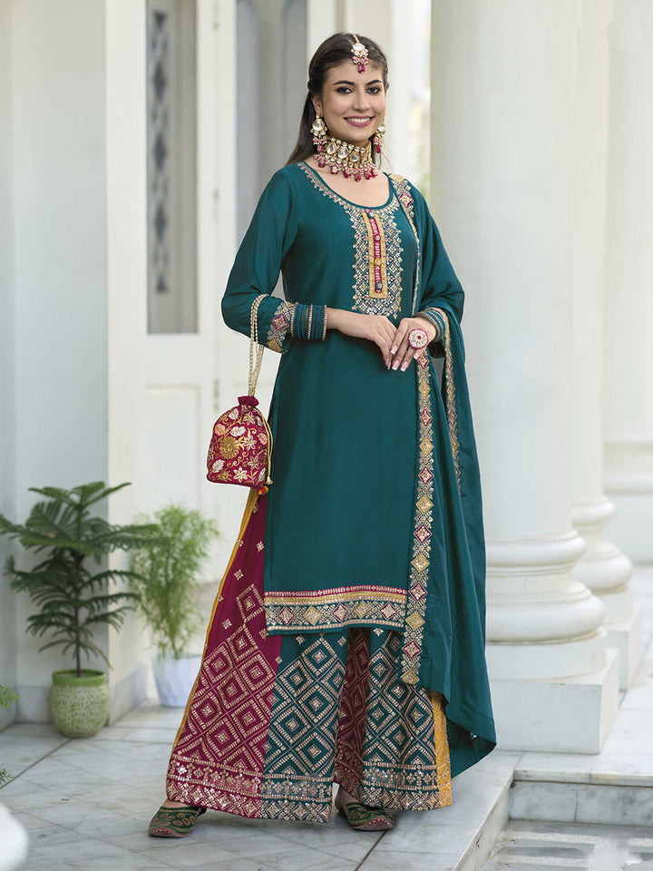 Teal Blue Chinon Embroidered Semi Stitched Kurta With Plazzo &amp; Dupatta