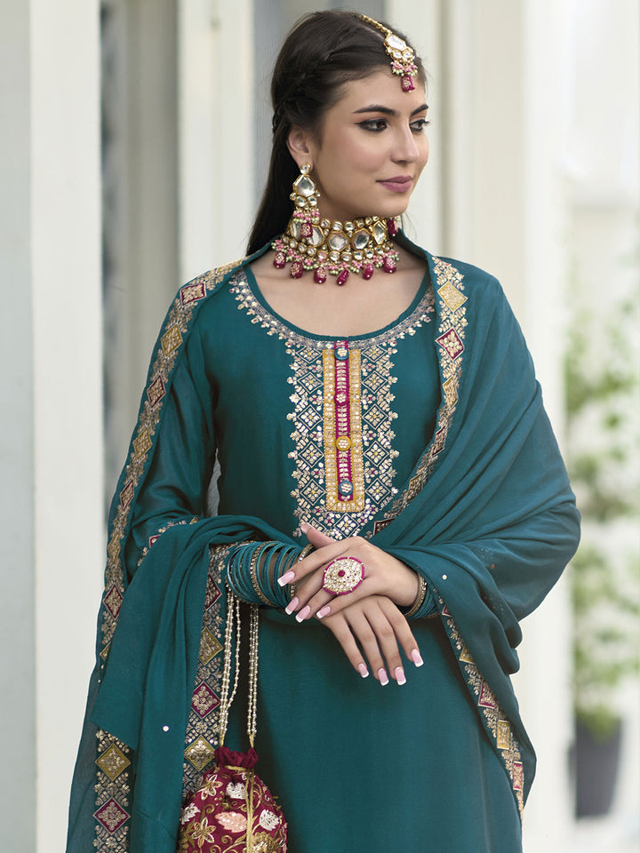 Teal Blue Chinon Embroidered Semi Stitched Kurta With Plazzo &amp; Dupatta