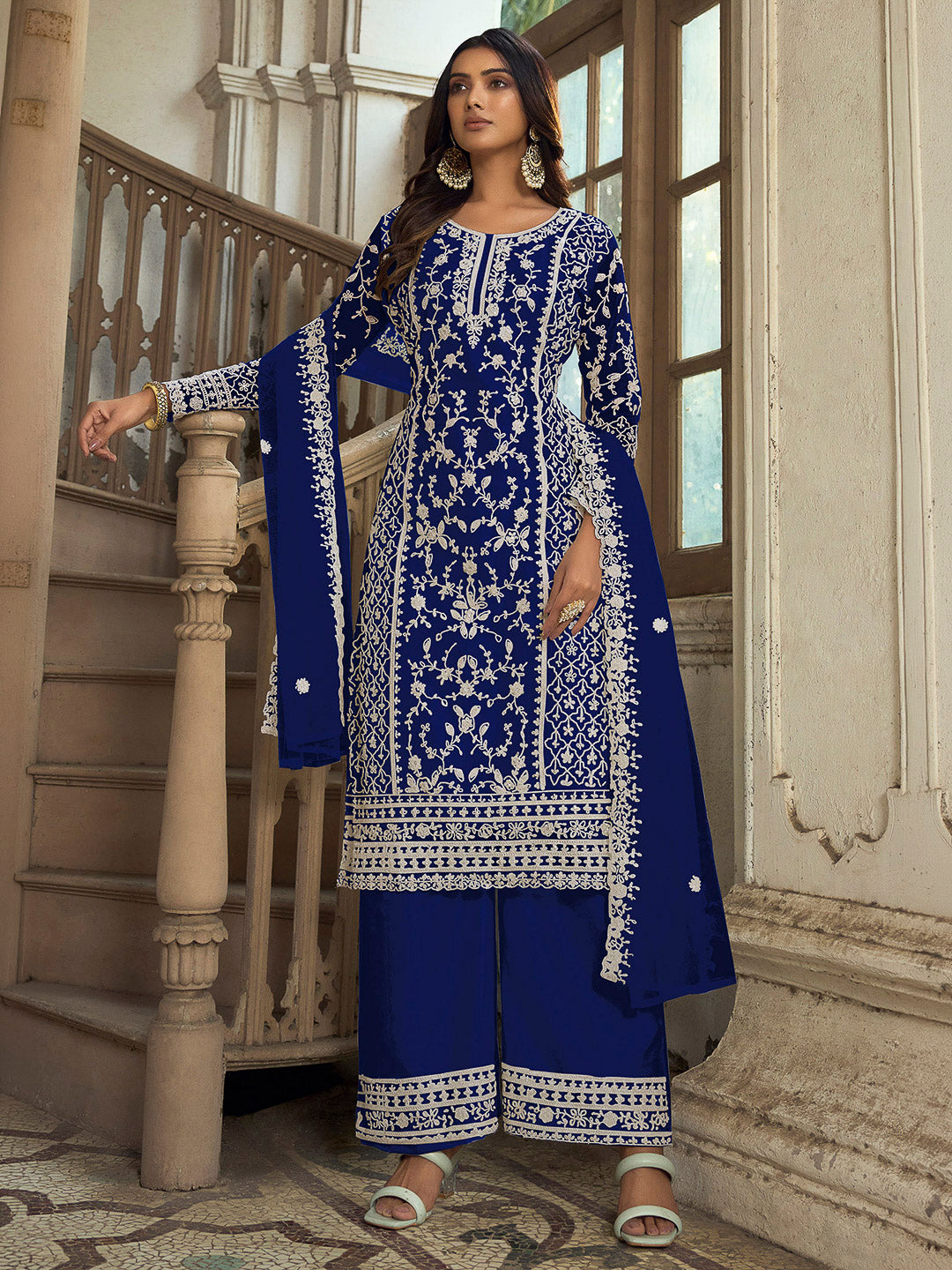 Blue Net Embroidered Semi Stitched Top With Palazzo &amp; Dupatta