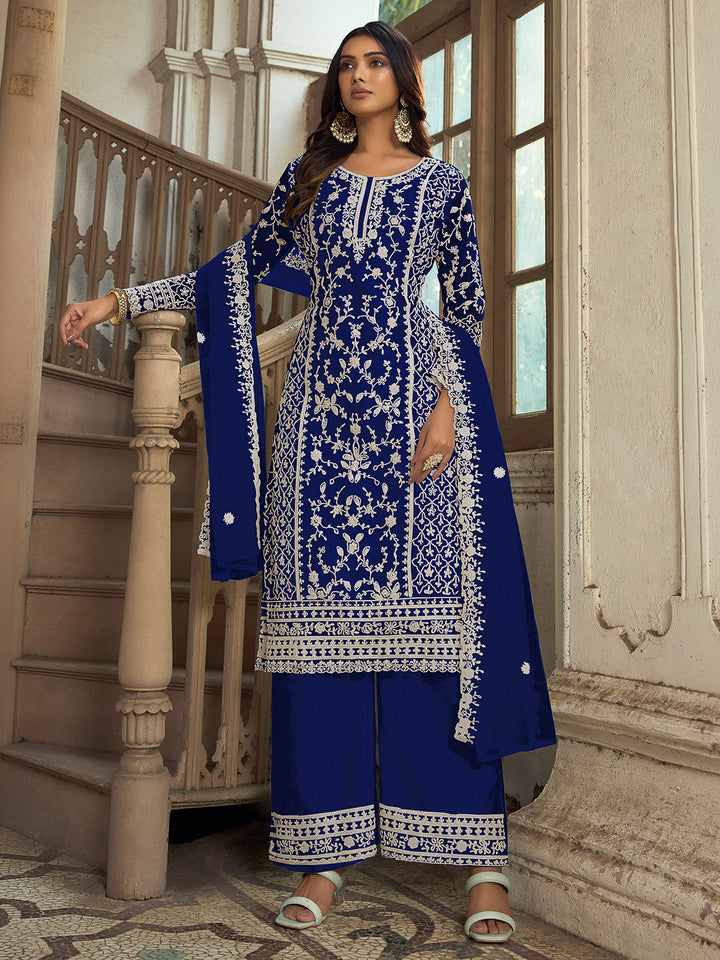 Blue Net Embroidered Semi Stitched Top With Palazzo &amp; Dupatta