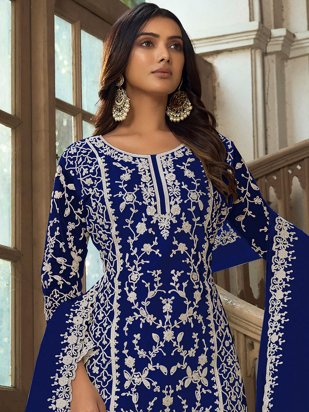 Blue Net Embroidered Semi Stitched Top With Palazzo &amp; Dupatta