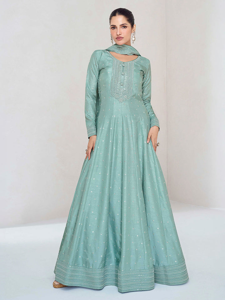 Blue Art Silk Embroidered Gown With Dupatta