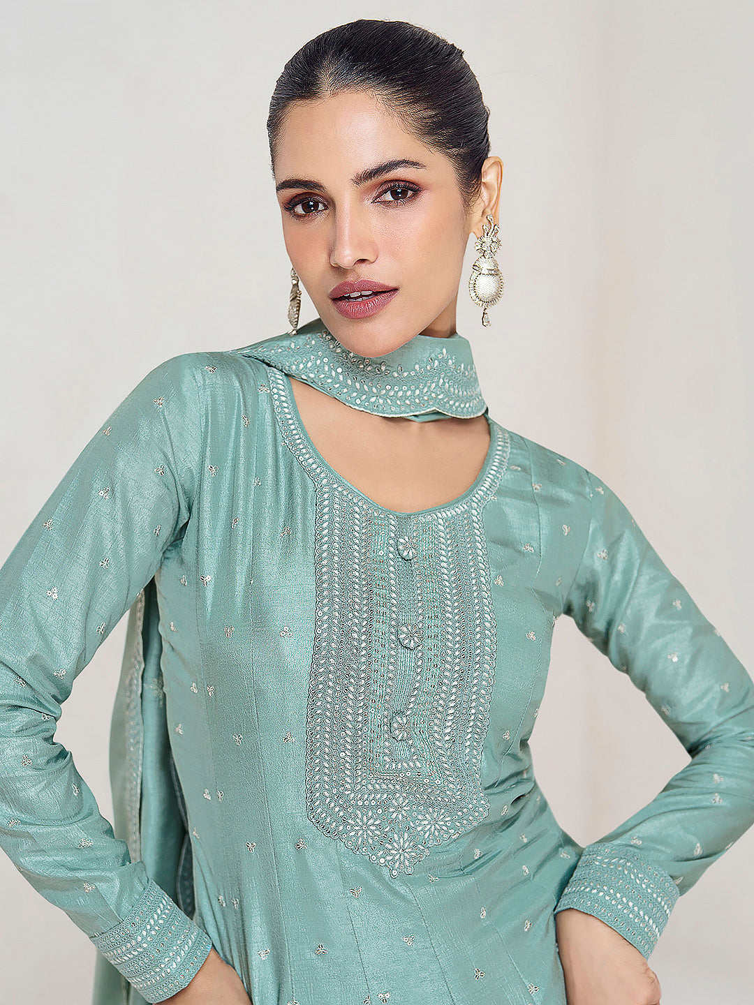 Blue Art Silk Embroidered Gown With Dupatta