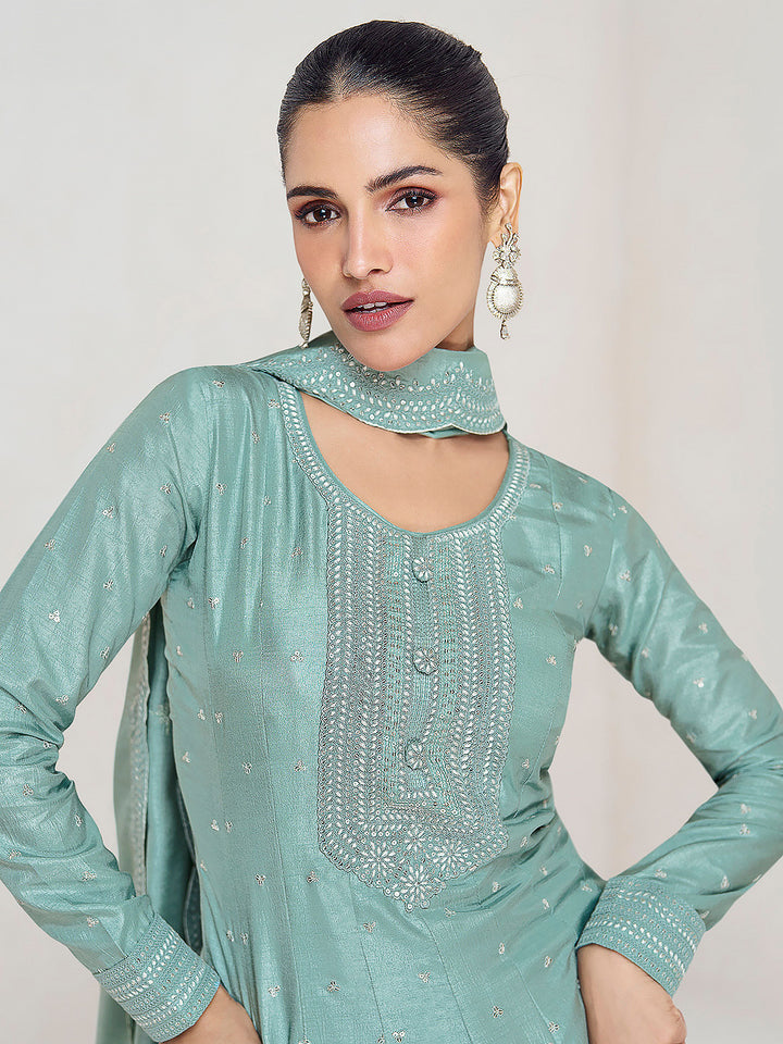 Blue Art Silk Embroidered Gown With Dupatta