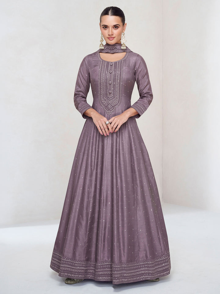 Mauve Art Silk Embroidered Gown With Dupatta