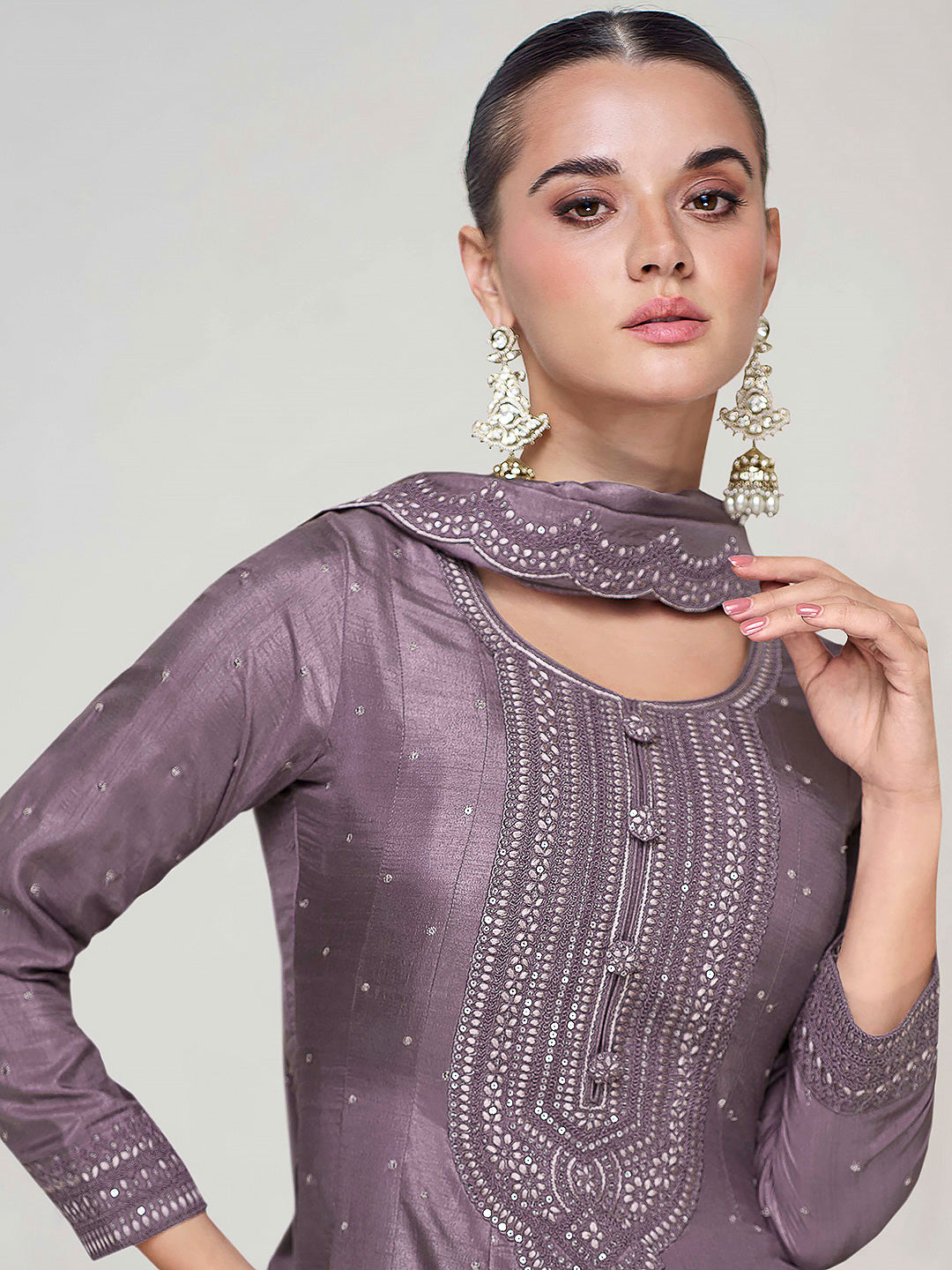 Mauve Art Silk Embroidered Gown With Dupatta