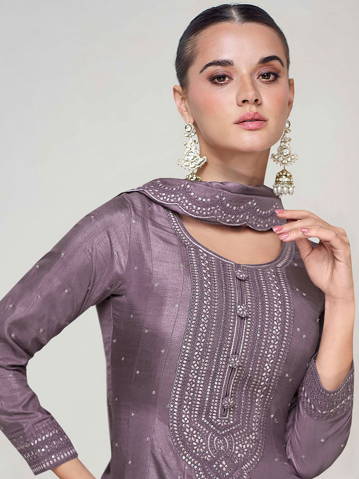 Mauve Art Silk Embroidered Gown With Dupatta