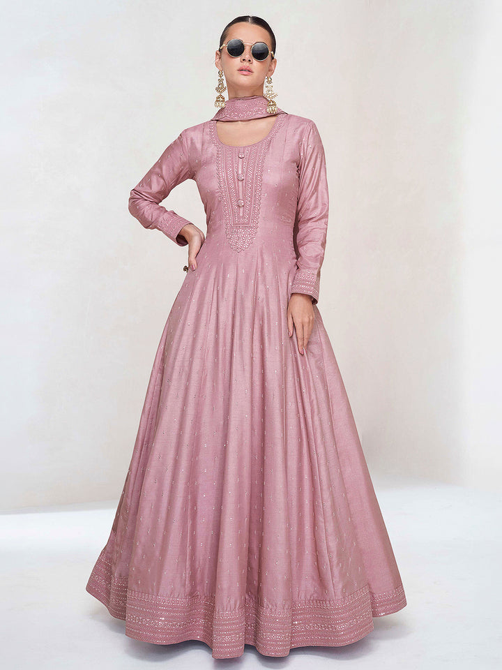 Pink Art Silk Embroidered Gown With Dupatta