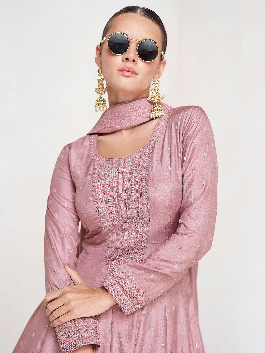 Pink Art Silk Embroidered Gown With Dupatta