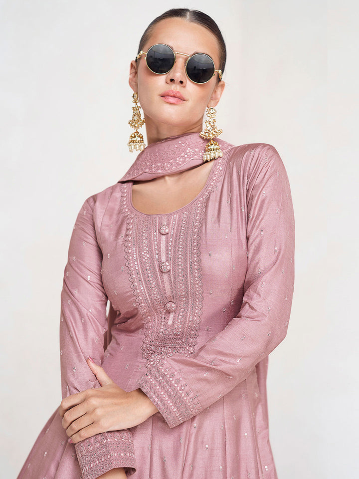 Pink Art Silk Embroidered Gown With Dupatta