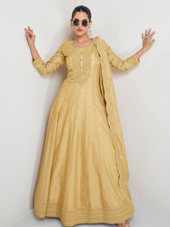 Yellow Art Silk Embroidered Gown With Dupatta