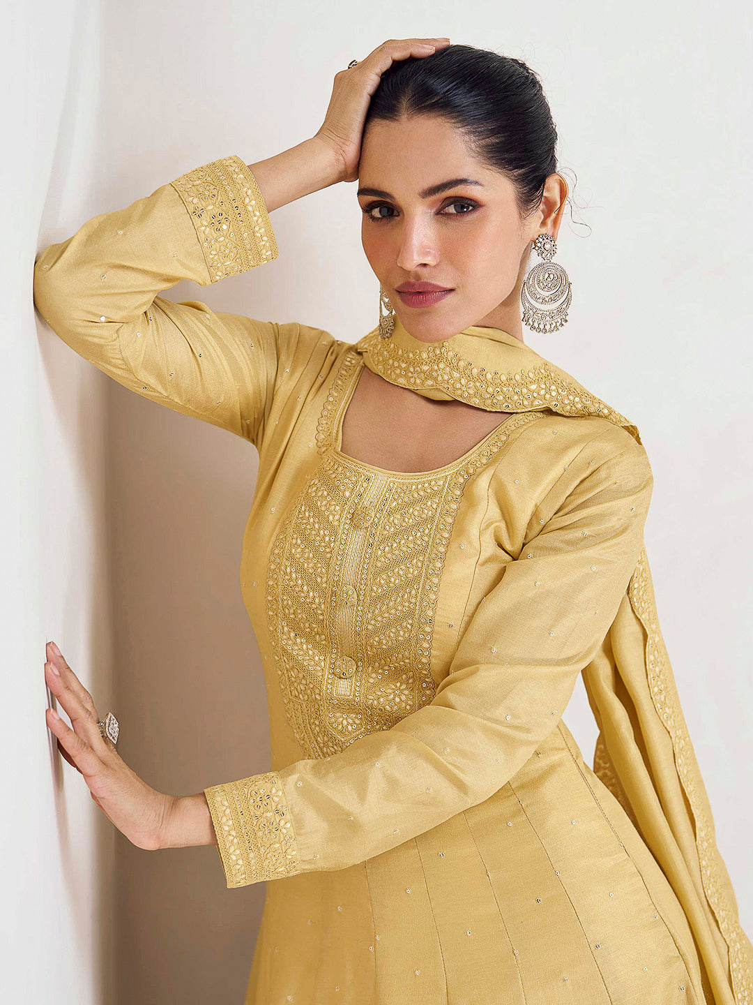 Yellow Art Silk Embroidered Gown With Dupatta
