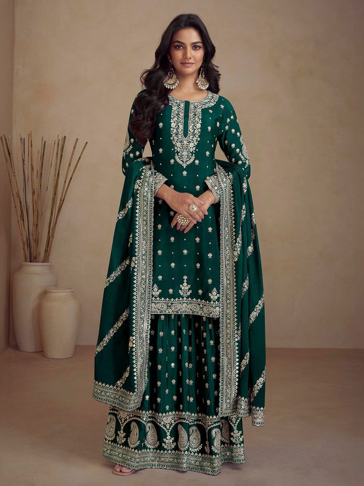 Green Chinon Embroidered Kurta With Palazzo &amp; Dupatta