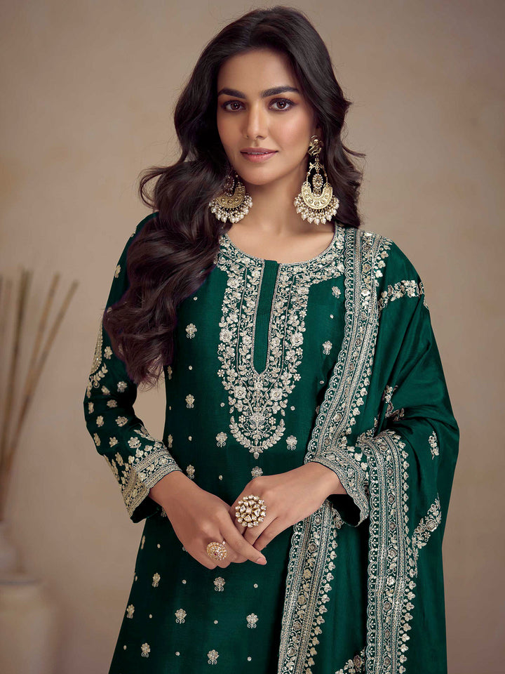 Green Chinon Embroidered Kurta With Palazzo &amp; Dupatta