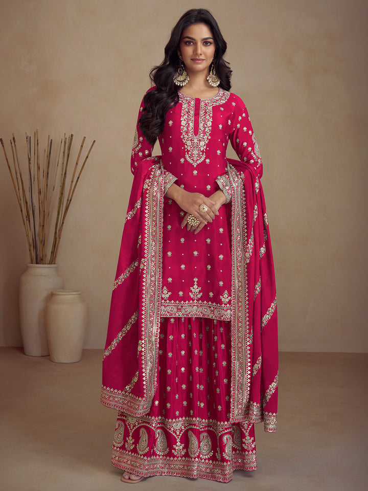 Pink Chinon Embroidered Kurta With Palazzo &amp; Dupatta