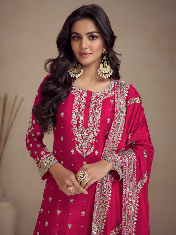 Pink Chinon Embroidered Kurta With Palazzo &amp; Dupatta