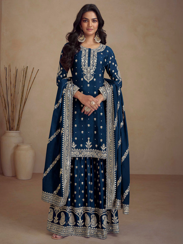 Teal Blue Chinon Embroidered Kurta With Palazzo &amp; Dupatta