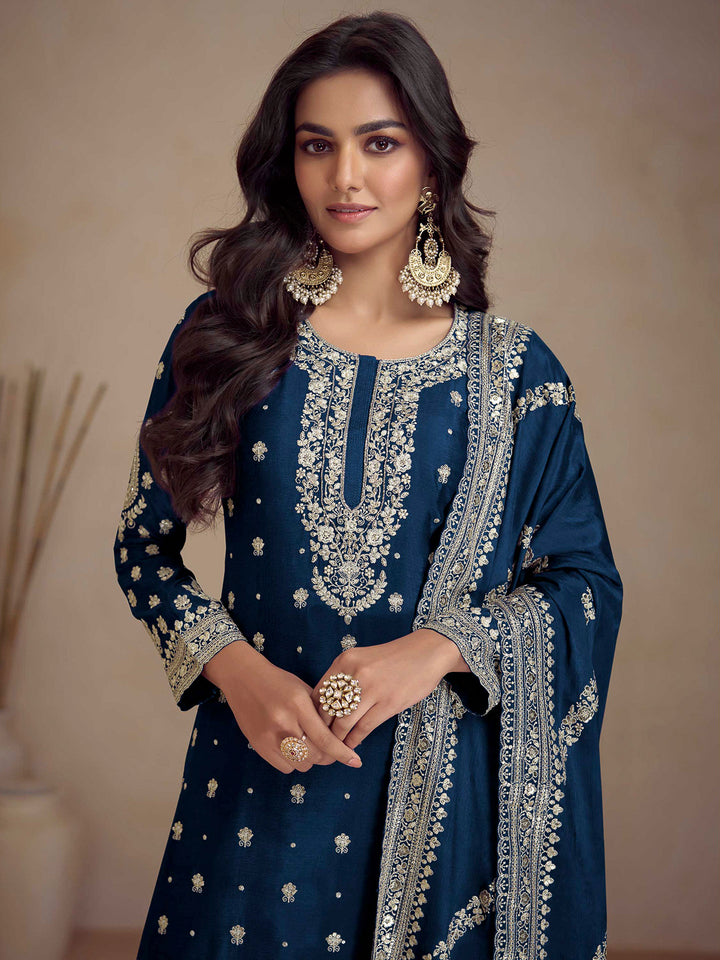 Teal Blue Chinon Embroidered Kurta With Palazzo &amp; Dupatta