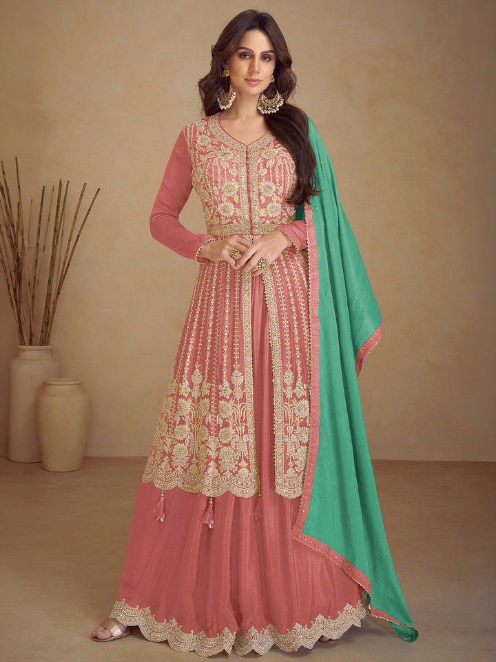 Gold Chinon Embroidered Anarkali &amp; Palazzo With Dupatta