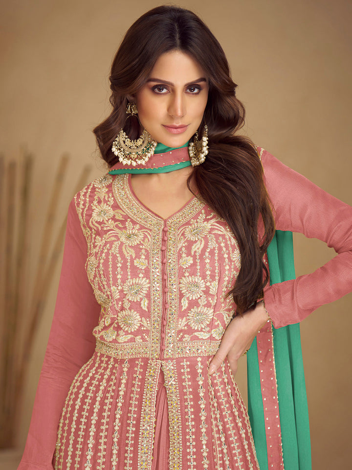 Gold Chinon Embroidered Anarkali &amp; Palazzo With Dupatta