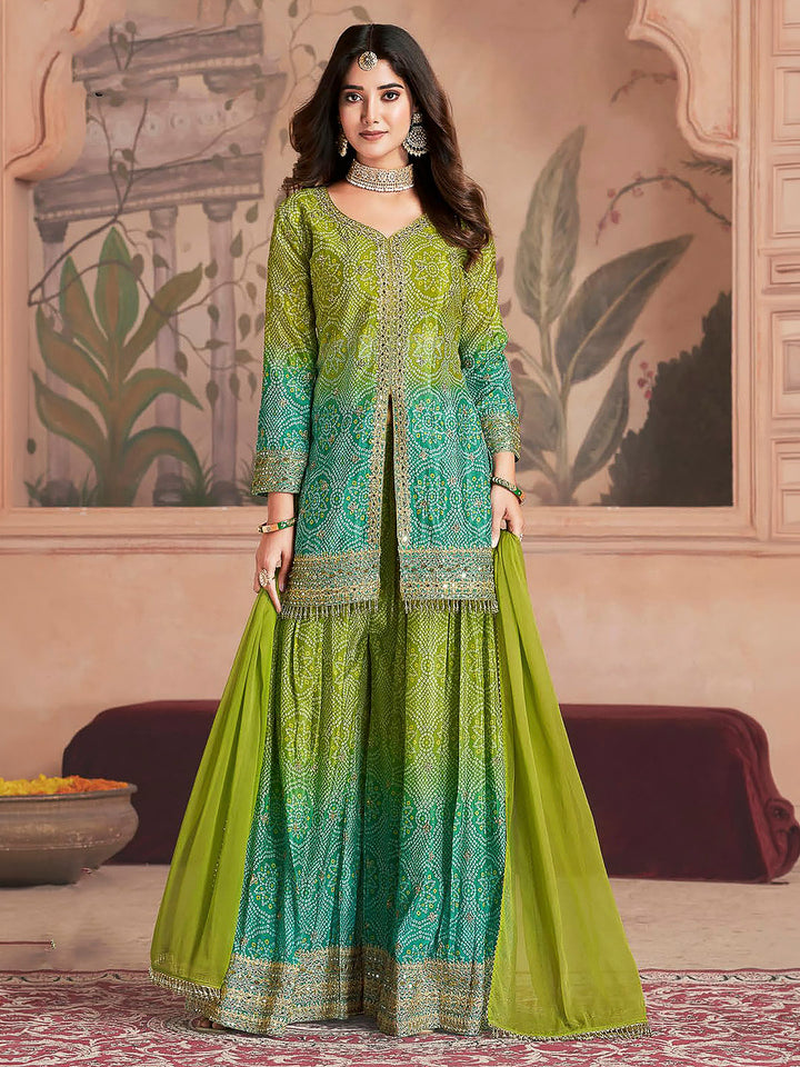 Green Chinon Embroidered Kurta With Palazzo &amp; Dupatta