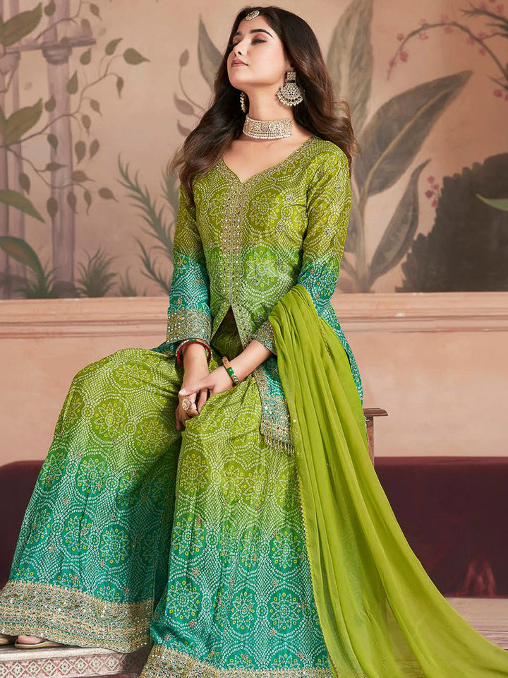 Green Chinon Embroidered Kurta With Palazzo &amp; Dupatta