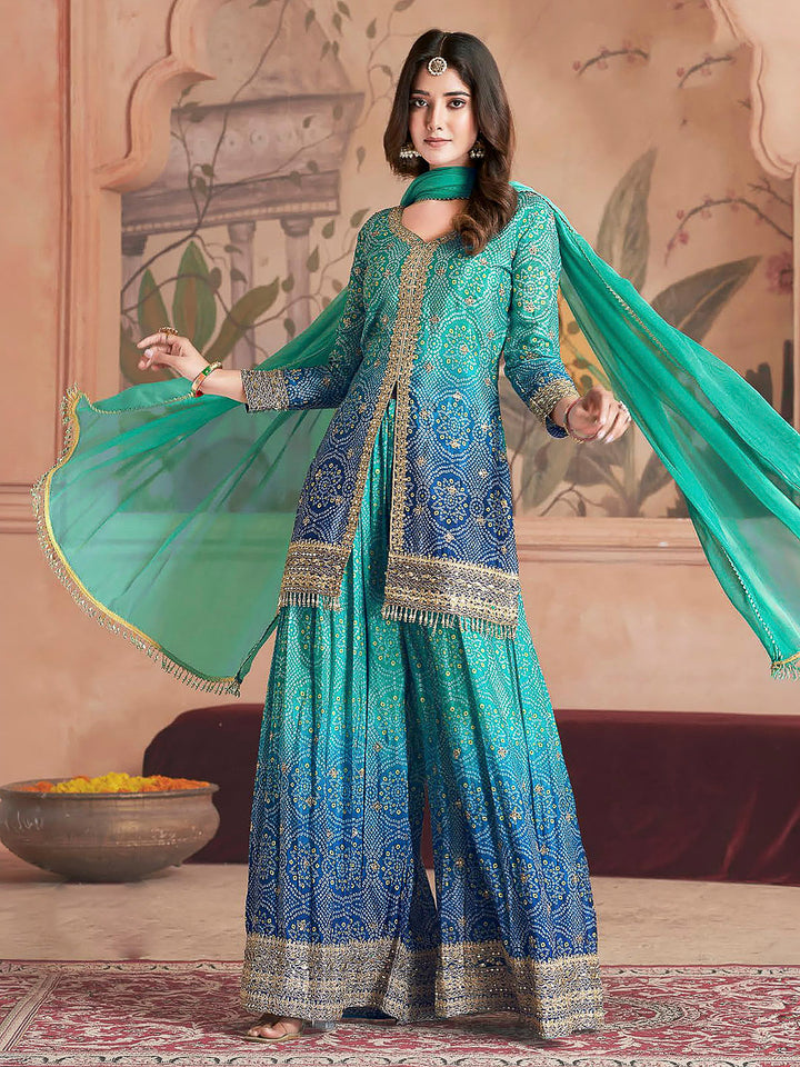 Turquoise Chinon Embroidered Kurta With Palazzo &amp; Dupatta
