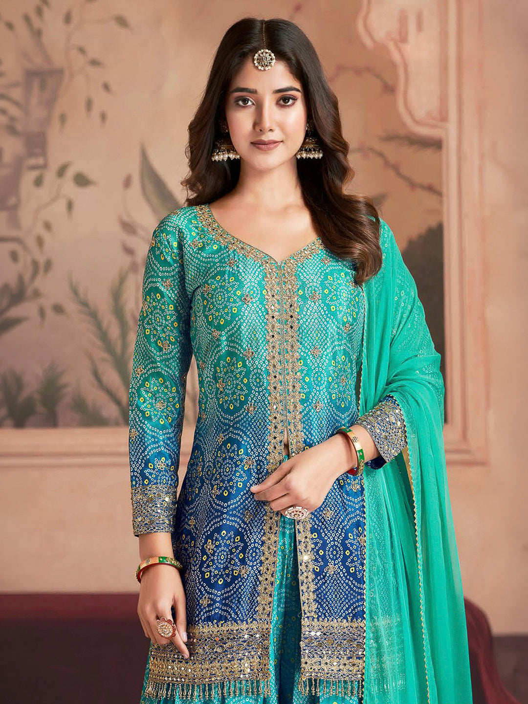 Turquoise Chinon Embroidered Kurta With Palazzo &amp; Dupatta