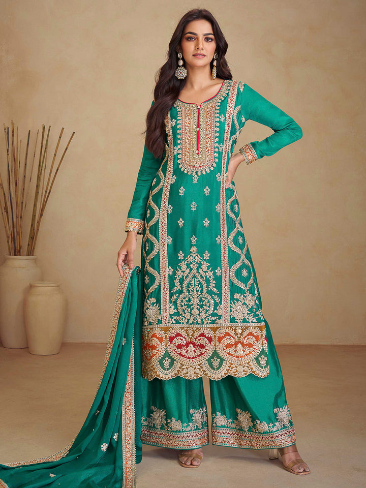 Teal Green Chinon Embroidered Kurta With Palazzo &amp; Dupatta