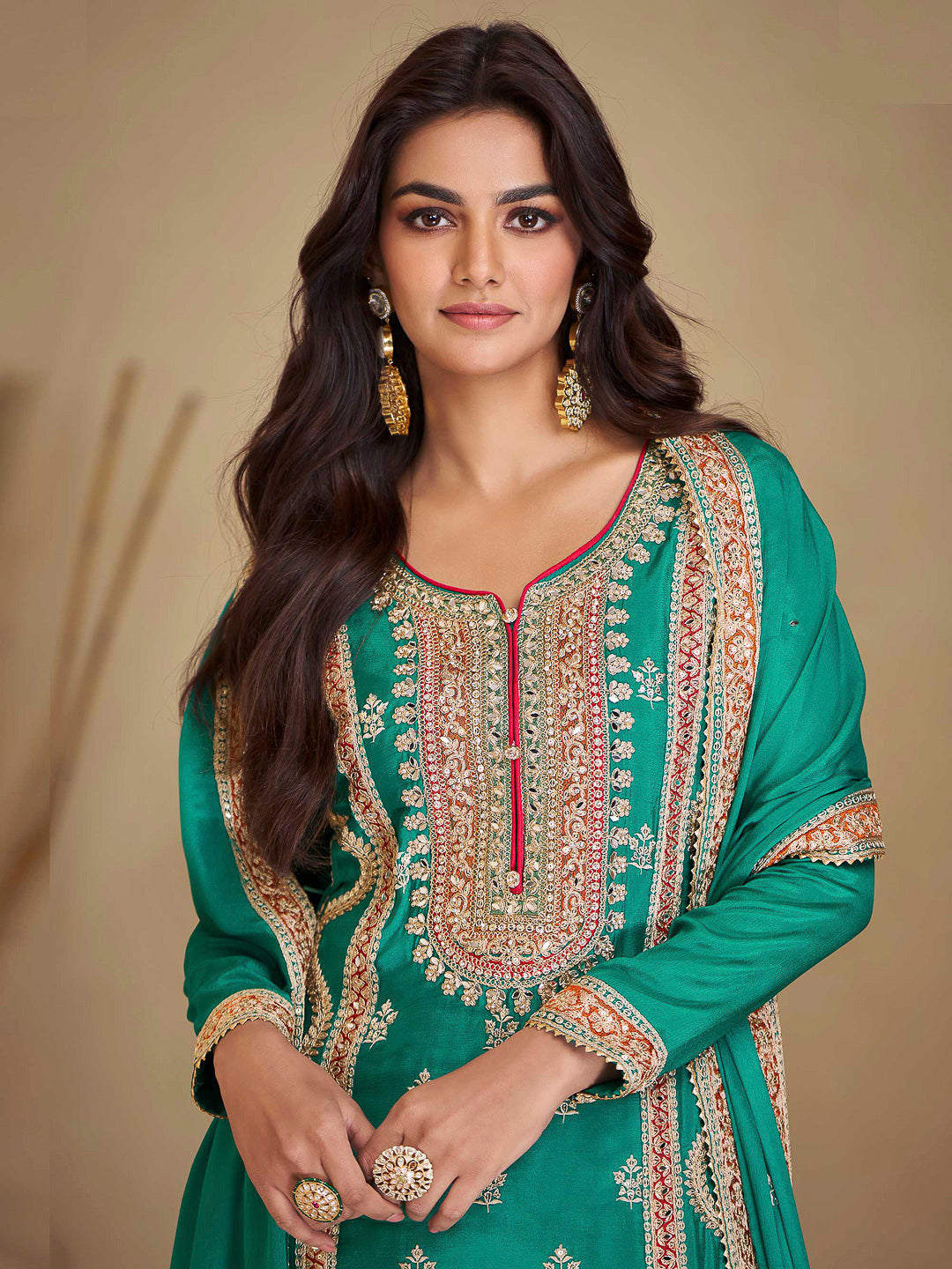 Teal Green Chinon Embroidered Kurta With Palazzo &amp; Dupatta