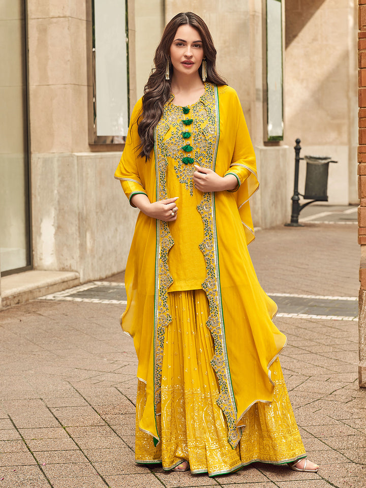 Mustard Art Silk Embroidered Kurta With Sharara &amp; Dupatta