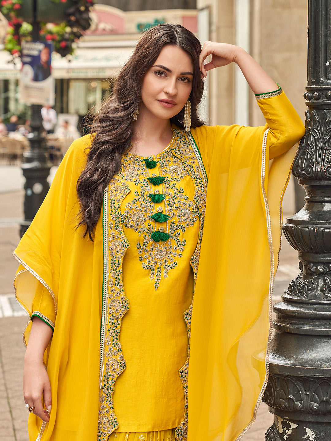 Mustard Art Silk Embroidered Kurta With Sharara &amp; Dupatta