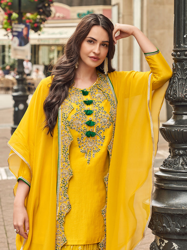 Mustard Art Silk Embroidered Kurta With Sharara &amp; Dupatta