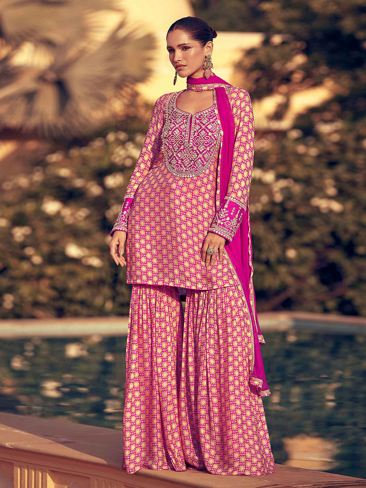 Pink Chinon Embroidered Kurta With Sharara &amp; Dupatta