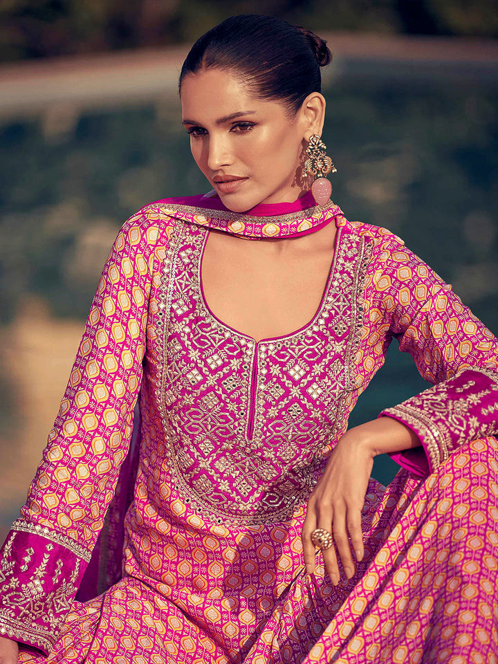 Pink Chinon Embroidered Kurta With Sharara &amp; Dupatta