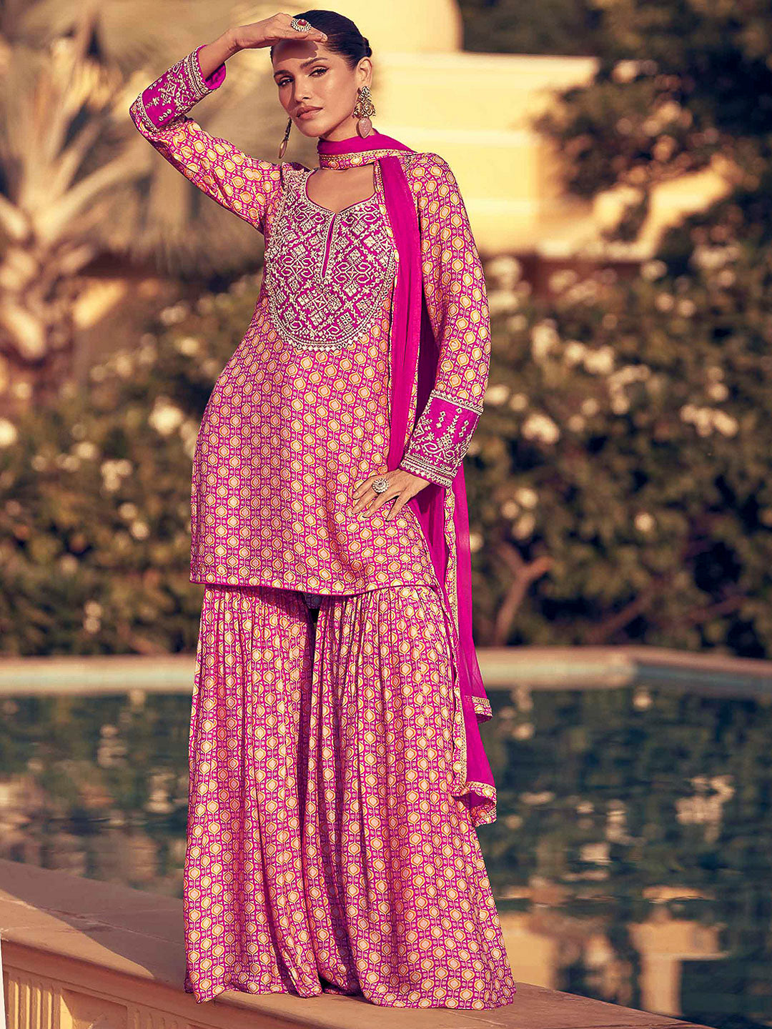 Pink Chinon Embroidered Kurta With Sharara &amp; Dupatta