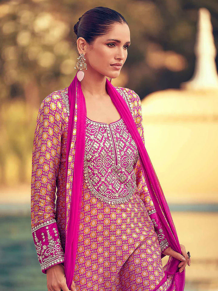 Pink Chinon Embroidered Kurta With Sharara &amp; Dupatta