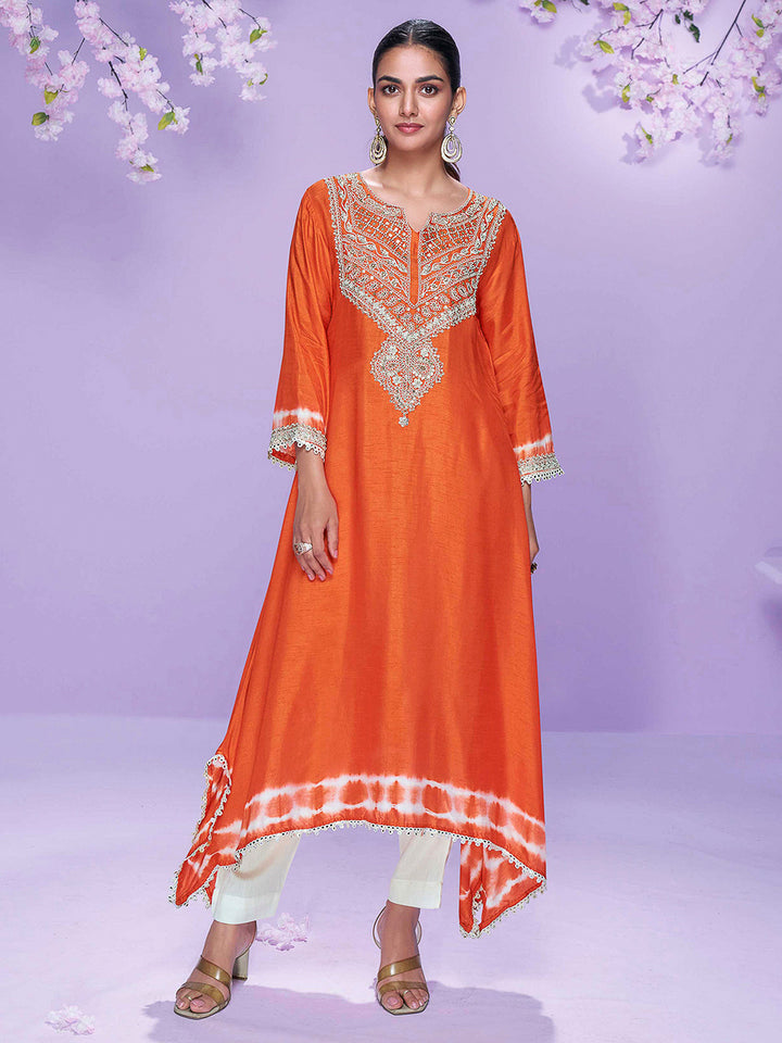 Orange Art Silk Embroidered Kurti With Pant &amp; Dupatta