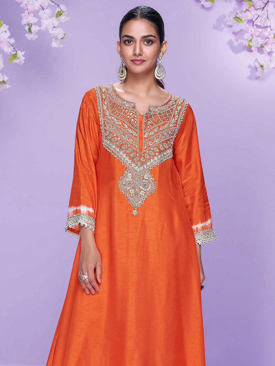Orange Art Silk Embroidered Kurti With Pant &amp; Dupatta