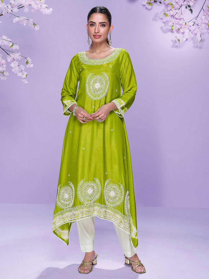Lime Green Art Silk Embroidered Kurti With Pant &amp; Dupatta